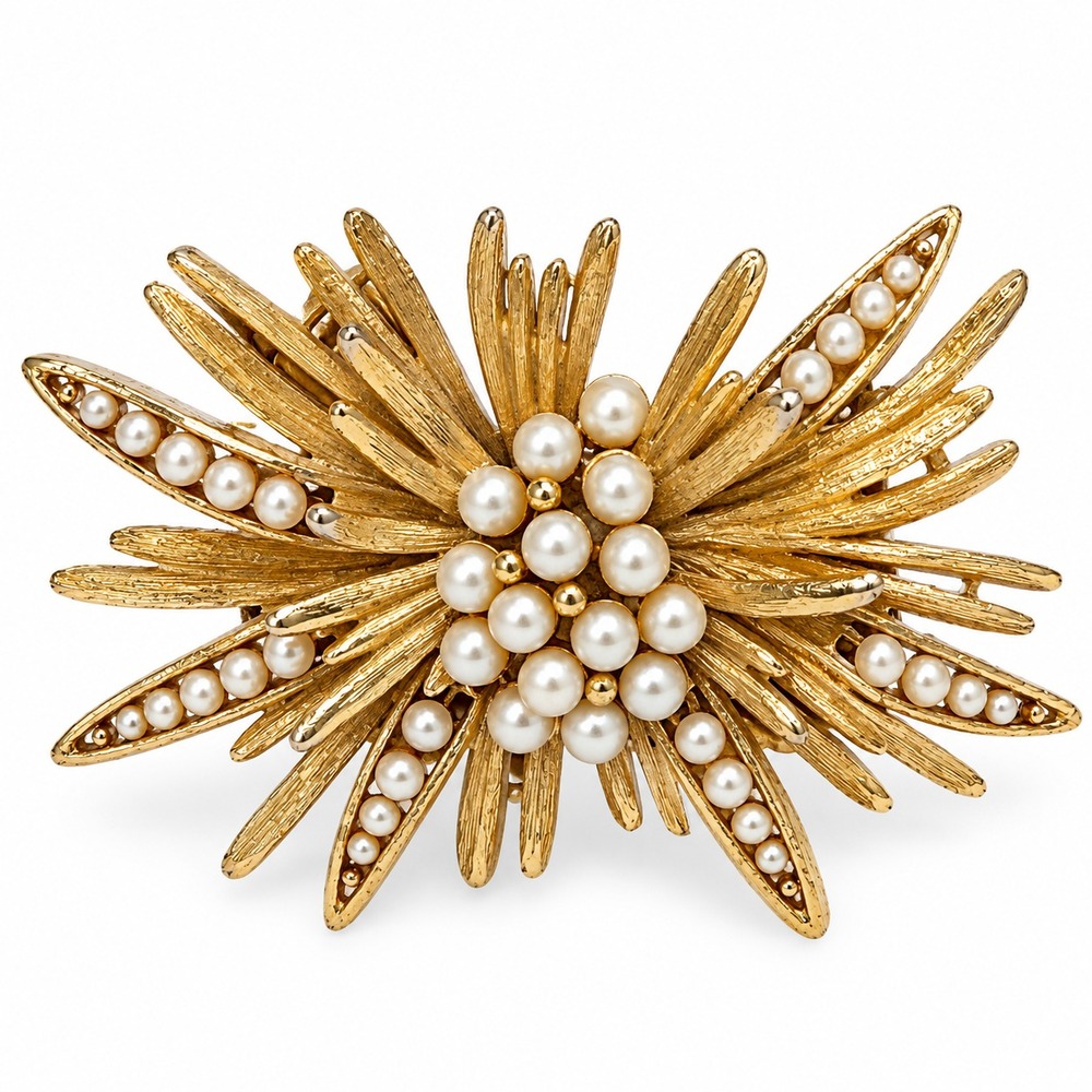 Vintage LISNER Faux Pearl Gold Tone Starburst Brooch Pin Mid Century Signed 1950
